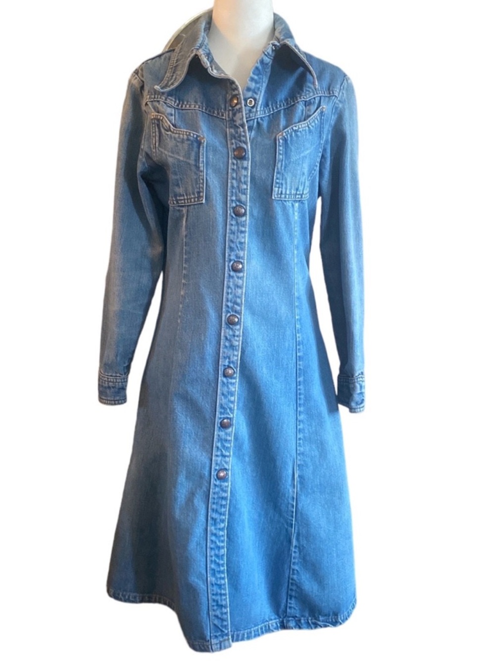 70s Vintage Landlubber Jeans Snap Front Midi Denim Shirt Dress